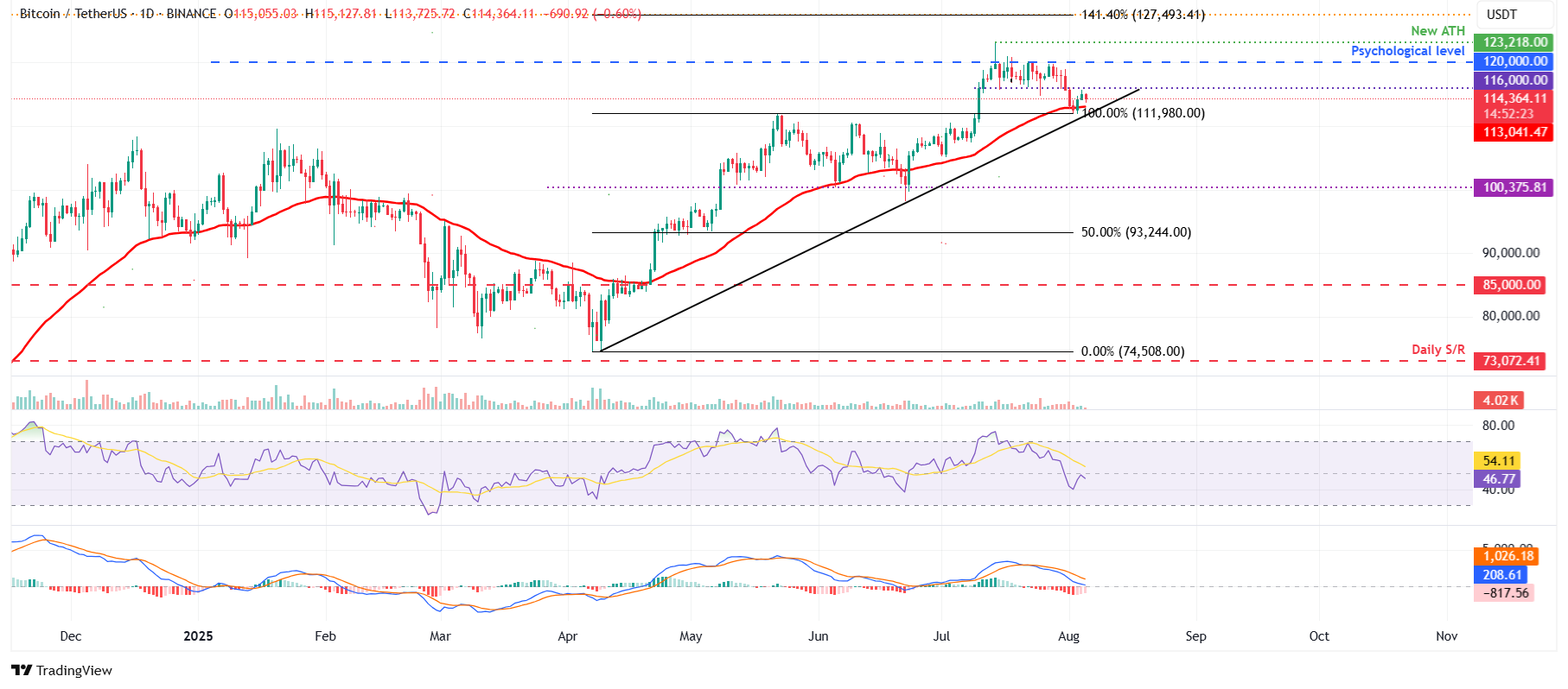 الرسم البياني اليومي لزوج BTC/USDT
