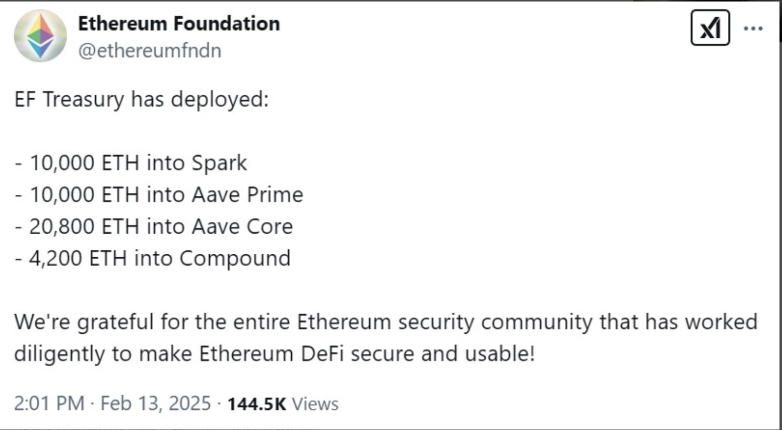 La Fundación Ethereum anuncia una inversión DeFi de 45.000 ETH, 13 de febrero de 2025 | Fuente: X.com