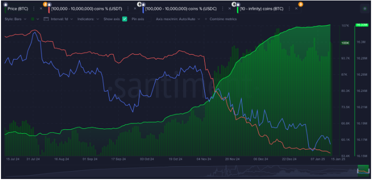 Bitcoin 10+ holders wallet chart. Source: Santiment