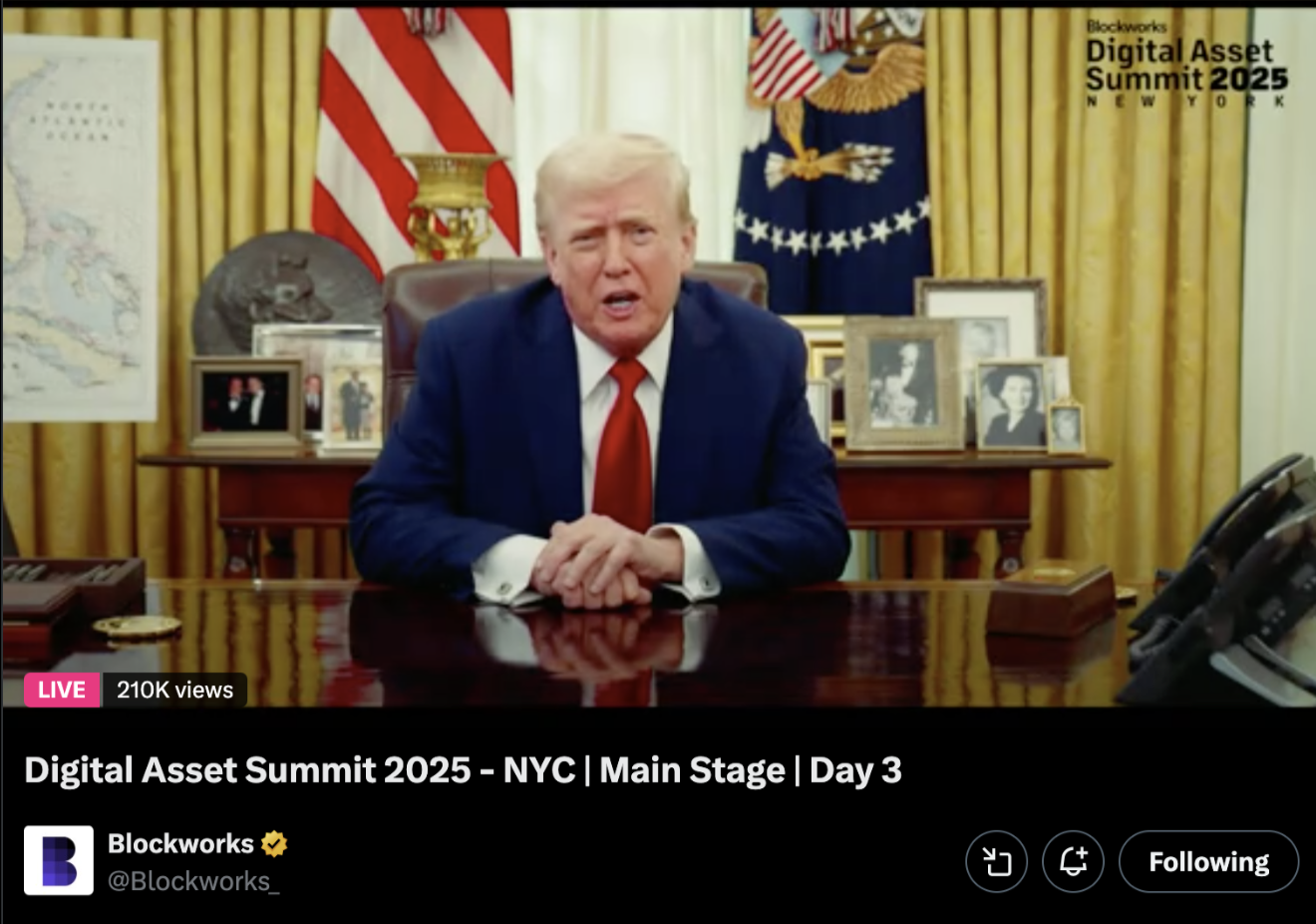 US President Donald Trump speaks at Blockworks’ Digital Asset Summit, March 20, 2025