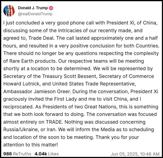 President Trump Truth Social post shows improving relationship with China