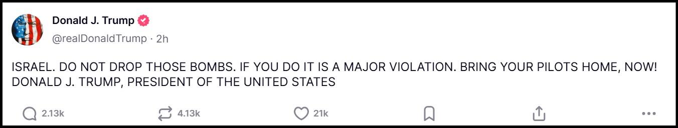 President Truth account of President Trump June 24, 2025