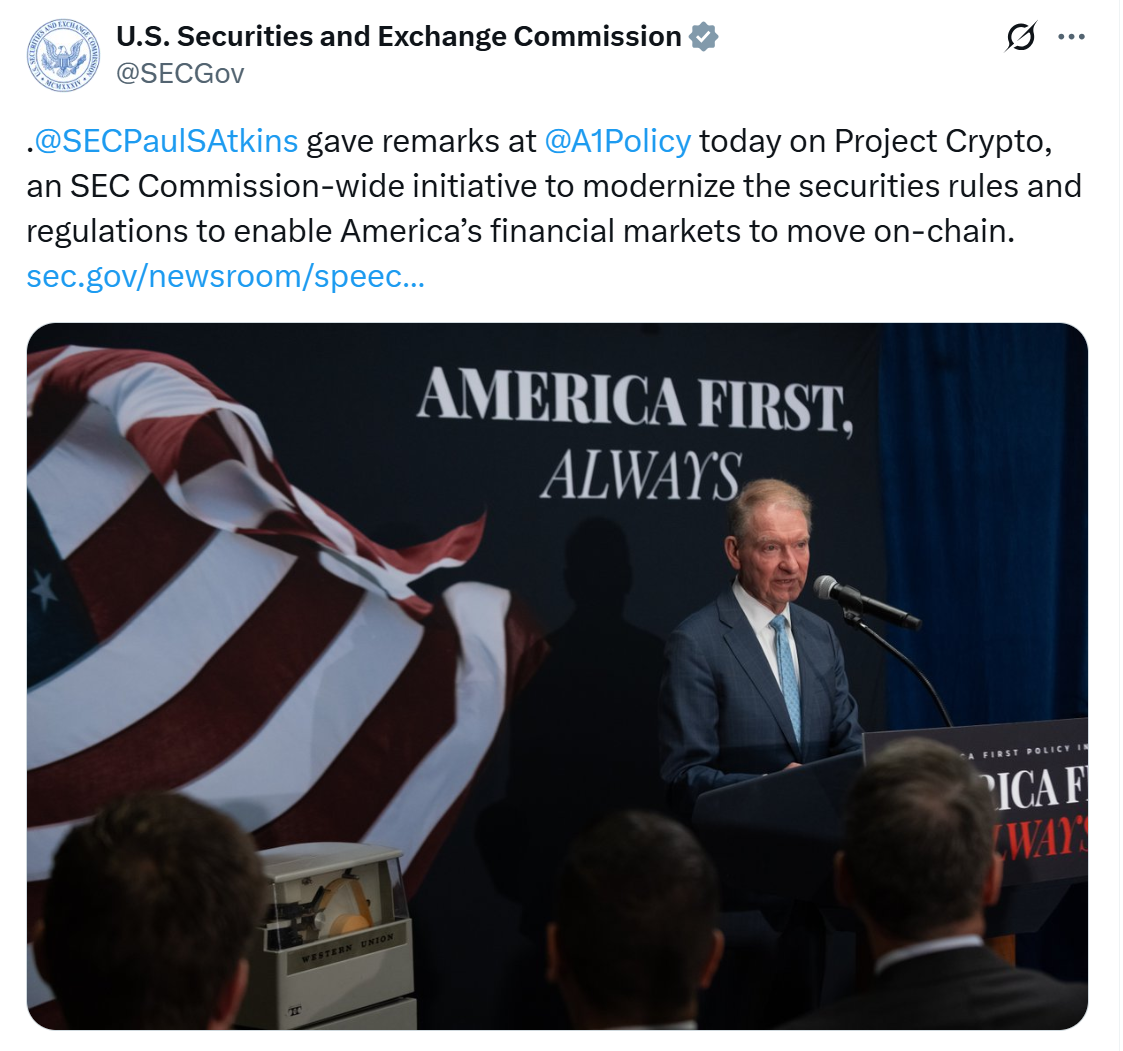 Paul Atkins đưa ra nhận xét về Dự án Crypto. Nguồn: SEC