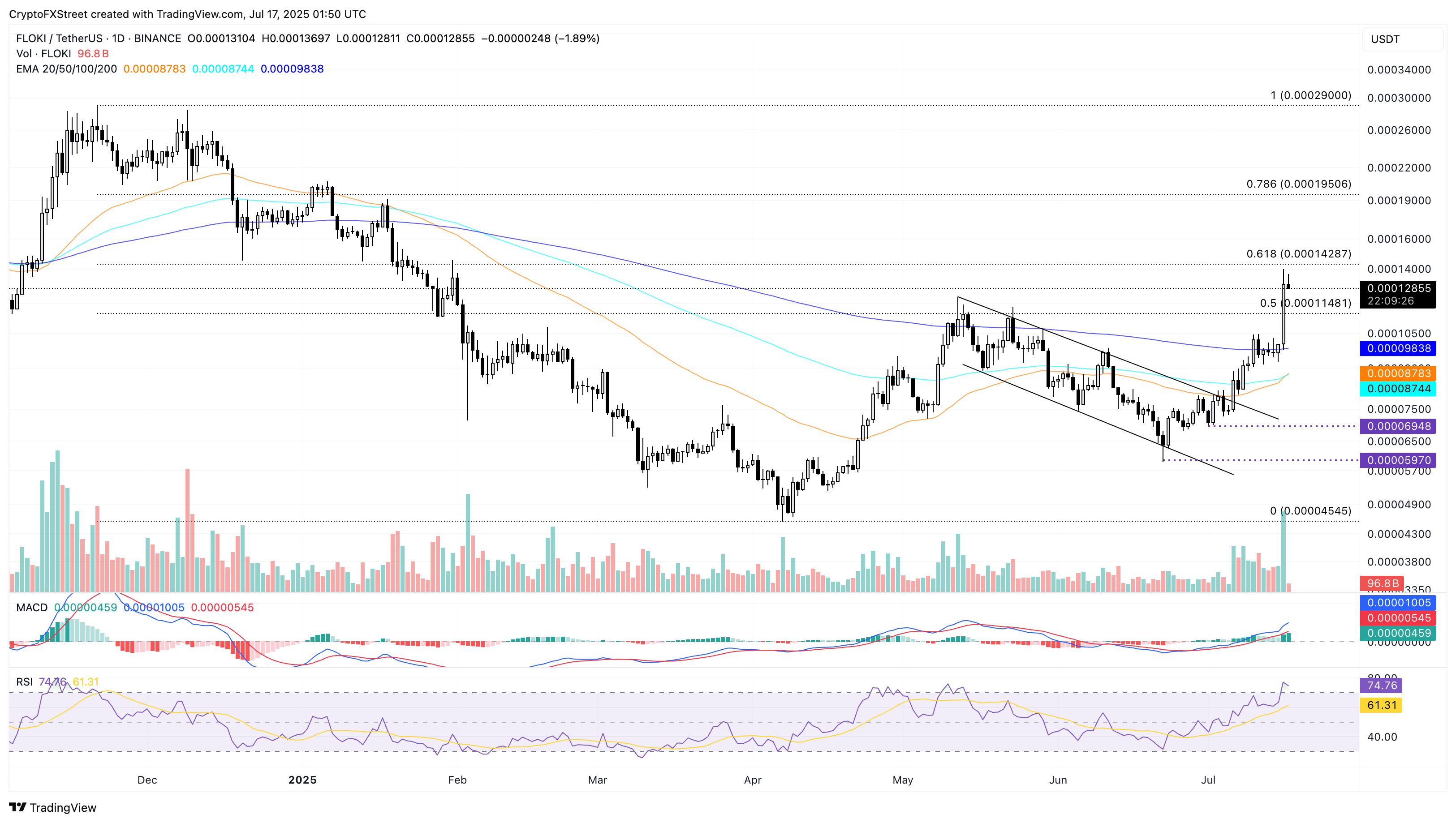 Biểu đồ giá hàng ngày của FLOKI/USDT.