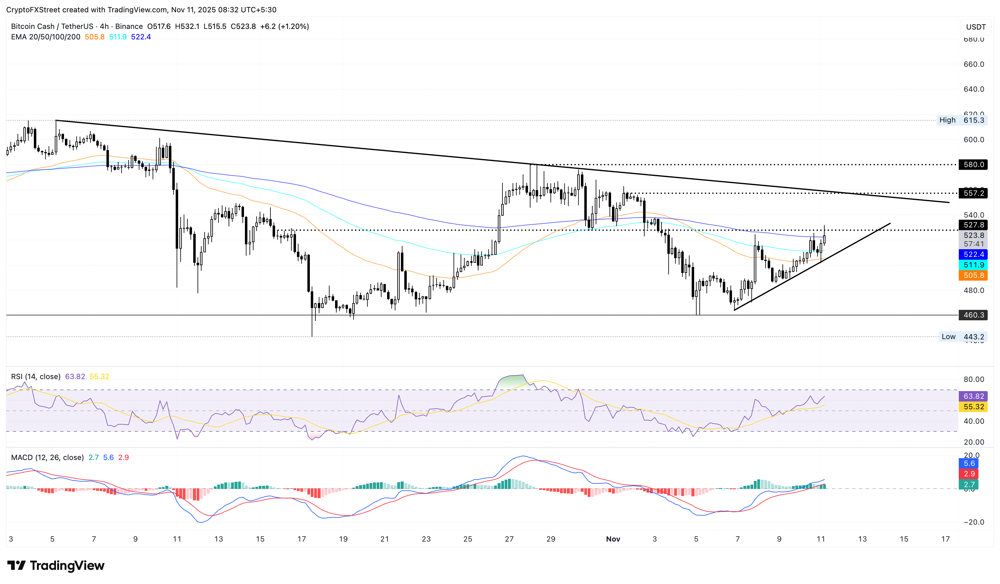 رسم بياني لسعر BCH/USDT لفريم 4 ساعات.