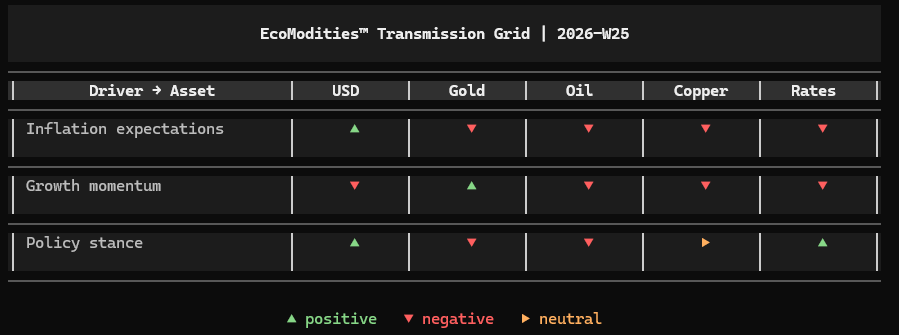 Cross-Asset Transmission Grid for Week 25 of 2026 showing how inflation, growth and policy signals propagated through USD, Gold, Oil, Copper and Rates, with policy transmission remaining the dominant market driver. Analysis by Luca Mattei, specialized commodities and macro analyst.
