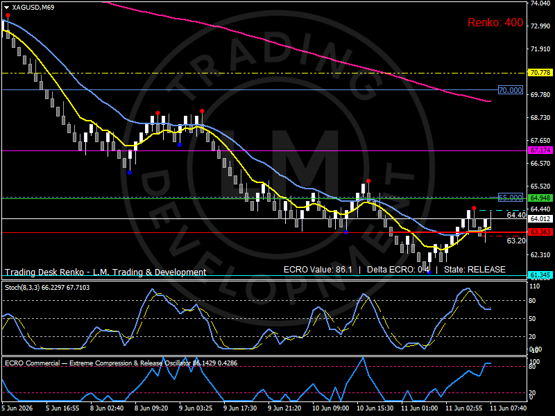 Renko and H4 charts of Silver (XAG/USD) showing a stabilization phase following a sharp multi-week decline from the 78 area toward recent lows near 61.3. The broader trend remains under pressure, although recent price action suggests improving participation after yesterday’s softer US CPI report. Analysis by Luca Mattei, specialized commodities and macro analyst.