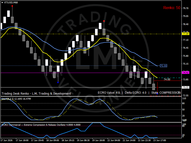 Renko chart of WTI crude oil showing a compression phase after a sharp geopolitical repricing. Price remains below the 74.4 resistance corridor and above support near 73.2 as markets shift their focus from disruption risk toward logistics, freight conditions and demand expectations. Analysis by Luca Mattei, specialized commodities and macro analyst.