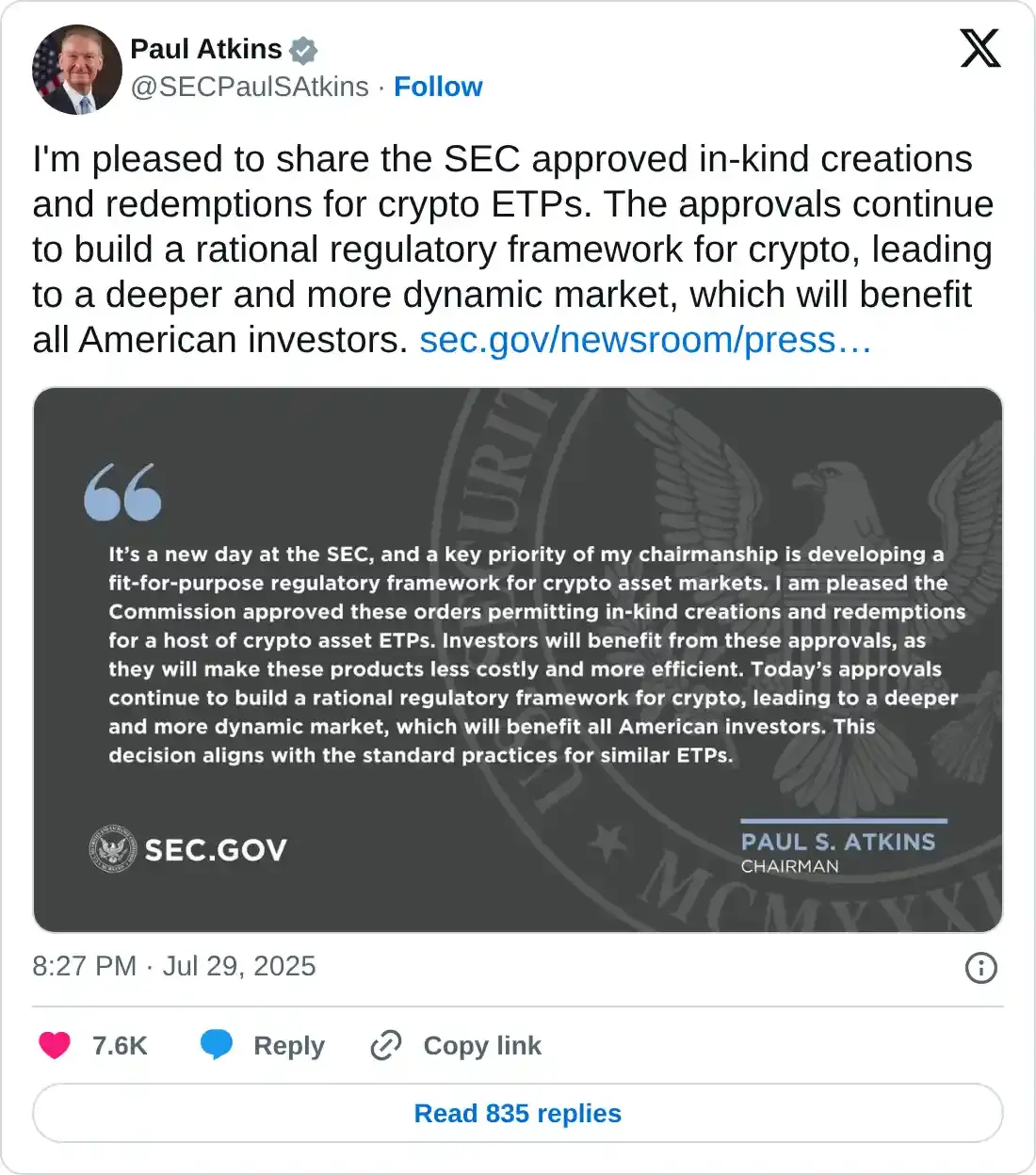 https://twitter.com/SECPaulSAtkins/status/1950292054409457936